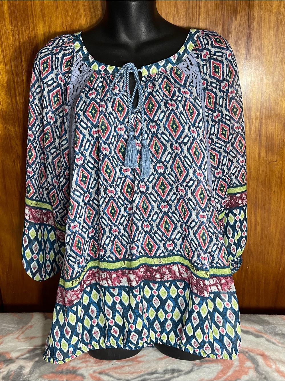Women's Patterned Tie-Neck Peasant Tunic - Navy Multi